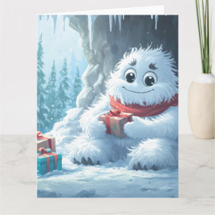 Adorable Yeti with Christmas Presents in a Cave Card
