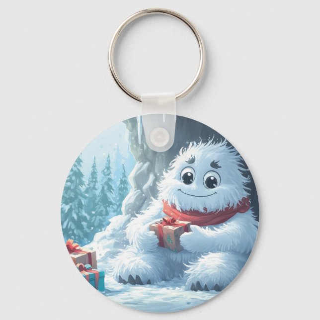 Adorable Yeti with Christmas Presents in a Cave Keychain (Front)