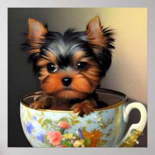 Adorable Yorkie In A Teacup Digital Painting Poster