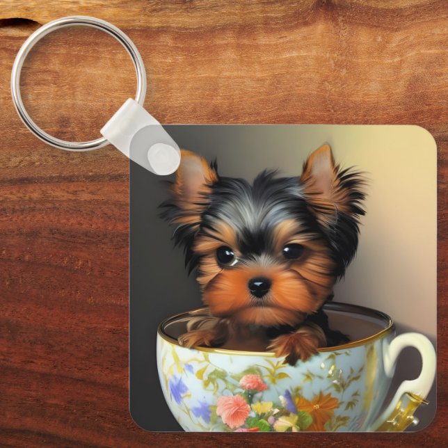 Adorable Yorkie In A Teacup  Keychain (Front)
