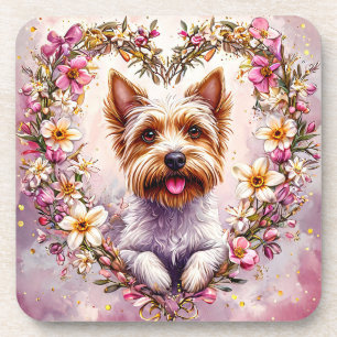 Adorable Yorkie Surrounded by Floral Wreath Coaster