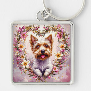 Adorable Yorkie Surrounded by Floral Wreath Keychain