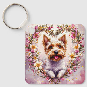 Adorable Yorkie Surrounded by Floral Wreath Keychain