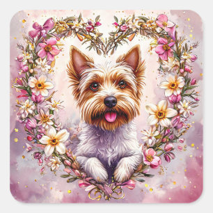 Adorable Yorkie Surrounded by Floral Wreath Square Sticker