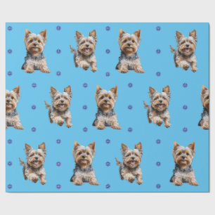 Adorable Yorkshire Terrier Christmas on Blue Wrapping Paper