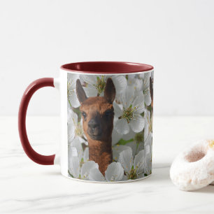 Adorable Young Brown Alpaca In White Blossoms, Mug