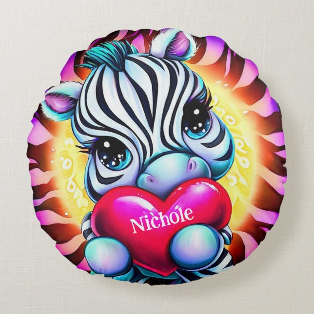 Adorable Zebra Holding Heart Round Pillow (Front)