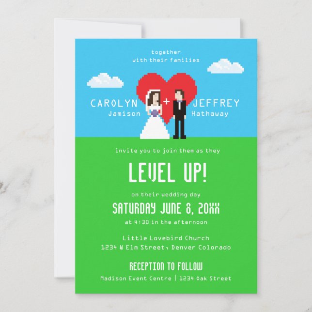 Adorablement Nerdy Invitations de mariage à 8 bits (Devant)