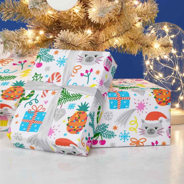 Adorables Christmas Cats Cactus And Pineapple Wrapping Paper (Holidays)
