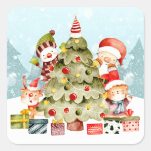 Adorables Christmas Santa And Friends Around Tree Square Sticker