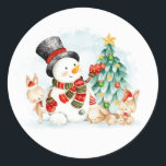 Adorables Christmas Snowman Bunnies And Tree    Classic Round Sticker<br><div class="desc">Cherubic image on a sheet of stickers of a beautiful watercolor painting of a snowman,  bunnies,  and a Christmas tree. Makes a gorgeous gift for your favourite loved ones.</div>