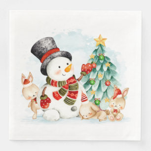 Adorables Christmas Snowman Bunnies And Tree   Napkin