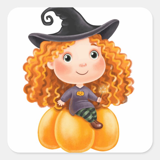Adorables Cute Little Witch On Pumpkin  Square Sticker (Front)