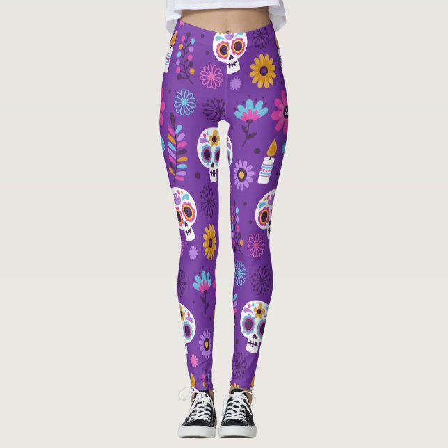 Adorables Day of the Dead Calavara Style Yoga Leggings (Front)
