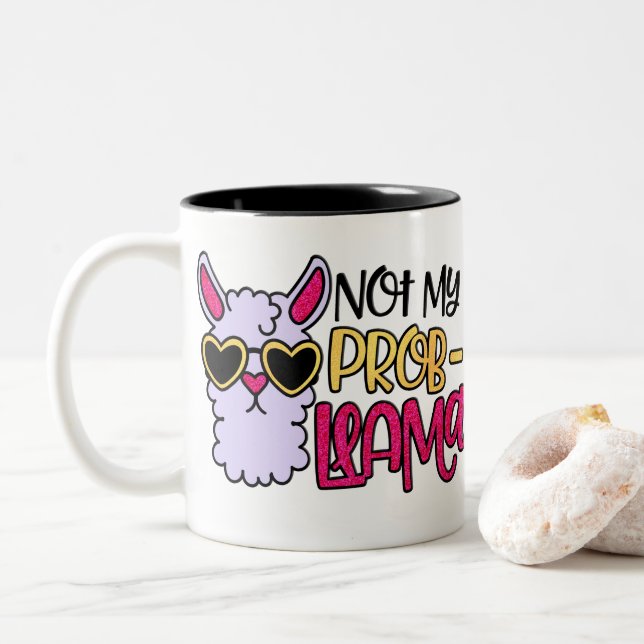 Adorables Purple Llama Cartoon Not My Probllama Two-Tone Coffee Mug (With Donut)