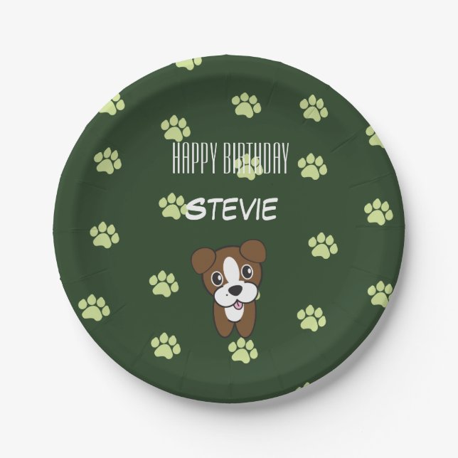Adorably Cute Green Boxer Puppy Birthday Plates (Front)