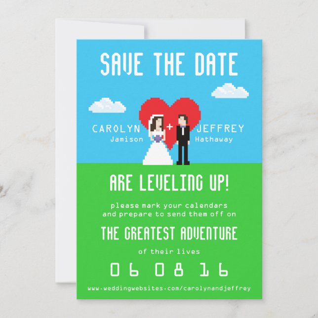Adorably Nerdy 8-Bit Bride & Groom Save the Dates Date (Front)