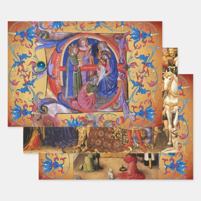 ADORATION OF MAGI AND NATIVITY Christmas Parchment Wrapping Paper Sheet (Set)