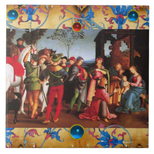 ADORATION OF MAGI CHRISTMAS FLORAL PARCHMENT, GEMS TILE