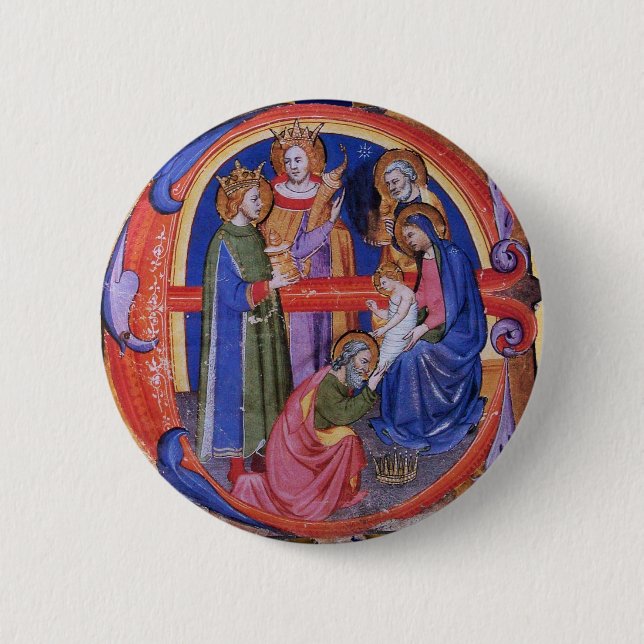 ADORATION OF MAGI CHRISTMAS NATIVITY PARCHMENT 2 INCH ROUND BUTTON (Front)