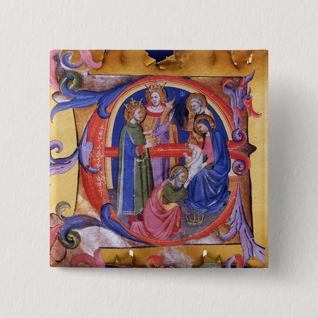 ADORATION OF MAGI CHRISTMAS NATIVITY PARCHMENT 2 INCH SQUARE BUTTON (Front)