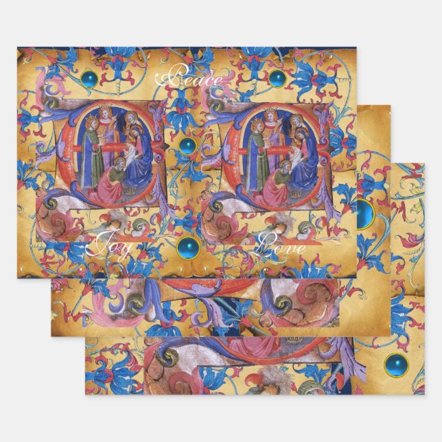 ADORATION OF MAGI FLORAL CHRISTMAS PARCHMENT WRAPPING PAPER SHEET (Set)