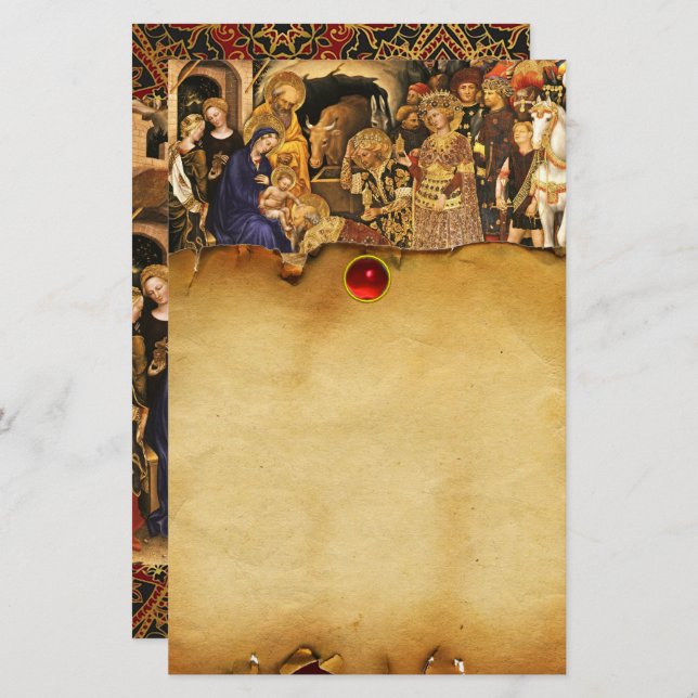 ADORATION OF MAGI ,Nativity Christmas Parchment Stationery (Front/Back)