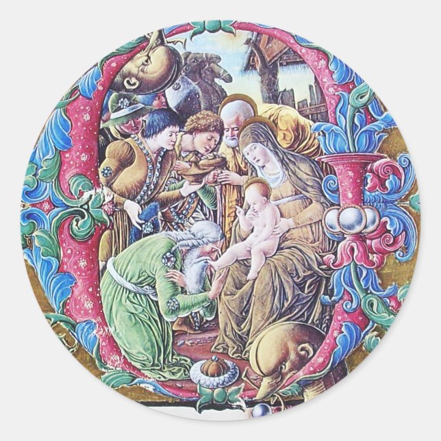 ADORATION OF MAGI , NATIVITY MONOGRAM WITH DOLPHIN CLASSIC ROUND STICKER (Front)