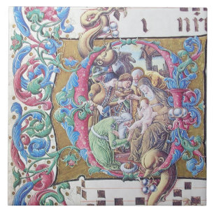 ADORATION OF MAGI , NATIVITY MONOGRAM WITH DOLPHIN TILE