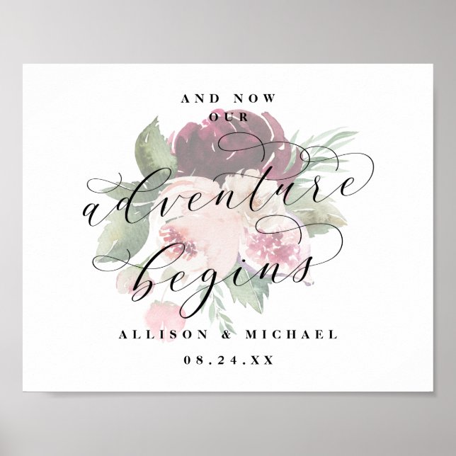 Adore Floral Adventure Begins Chic Wedding Sign (Front)
