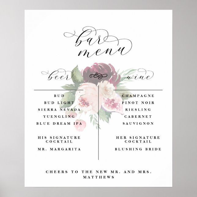 Adore Floral Bar Menu Wine Beer Cocktail List Sign (Front)