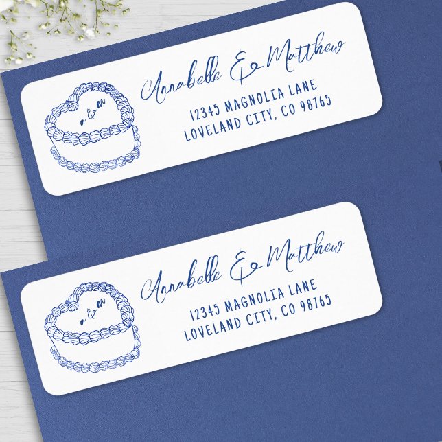 Adresse de mariage bleue dessinée à la main gâteau (Vintage Cake Hand Drawn Blue Wedding Address label)