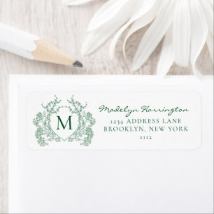 Adresse de monogramme à couronne florale vert émer
