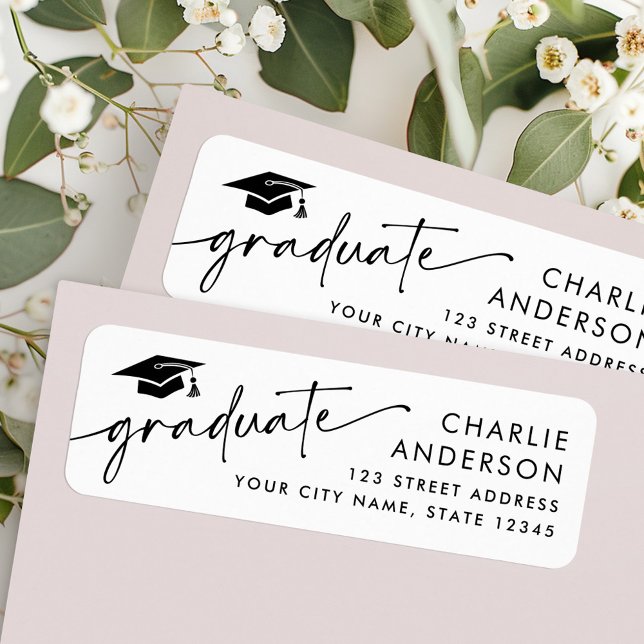Adresse de retour blanche de la limite de graduati (Graduate graduation cap white return address label)