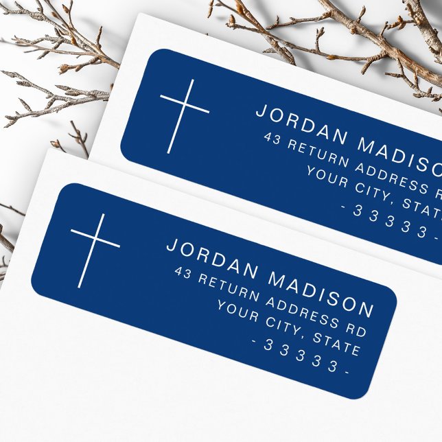 Adresse de retour bleu foncé croisé minimal (Minimalist cross dark blue return address label)