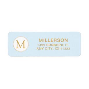 Adresse de retour bleu pâle et or monogramme