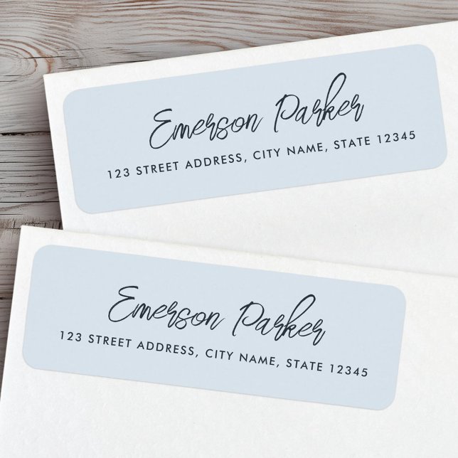 Adresse de retour bleu poussiéreux en écriture ten (Trendy script light dusty blue return address label)