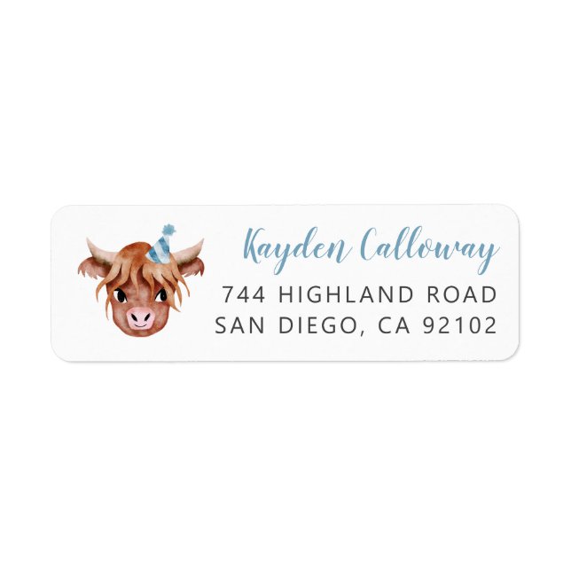 Adresse de retour Blue Highland Cow Label (Devant)