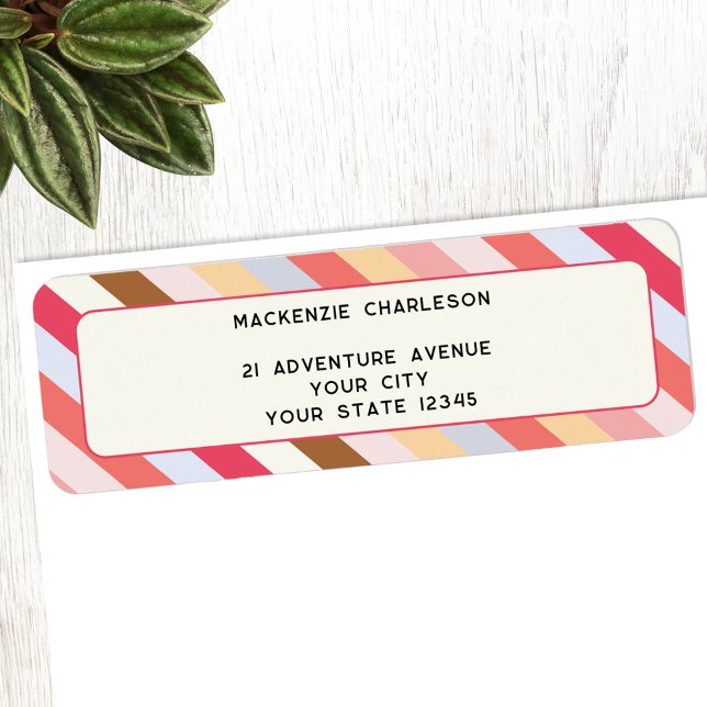 Adresse de retour de la bande de bonbons diagonale (Warm diagonal candy striped personalized return address label)
