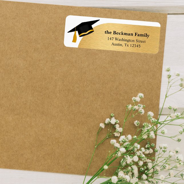Adresse de retour de la casquette noire pour l'obt (Black Gold Graduation Cap Return Address Label)