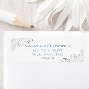 Adresse de retour de mariage bleu sur fond blanc a