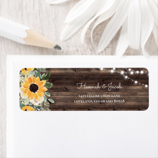 Adresse de retour de mariage en bois de tournesol  (En situation)