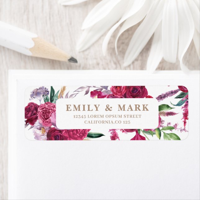 Adresse de retour de mariage floral Bourgogne roma (En situation)
