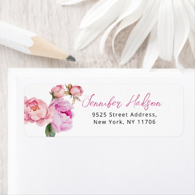 Adresse de retour de mariage floral pivoine rose v (En situation)