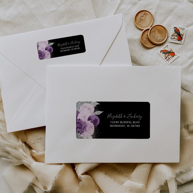 Adresse de retour de mariage Floral Violet Argent  (Créateur téléchargé)