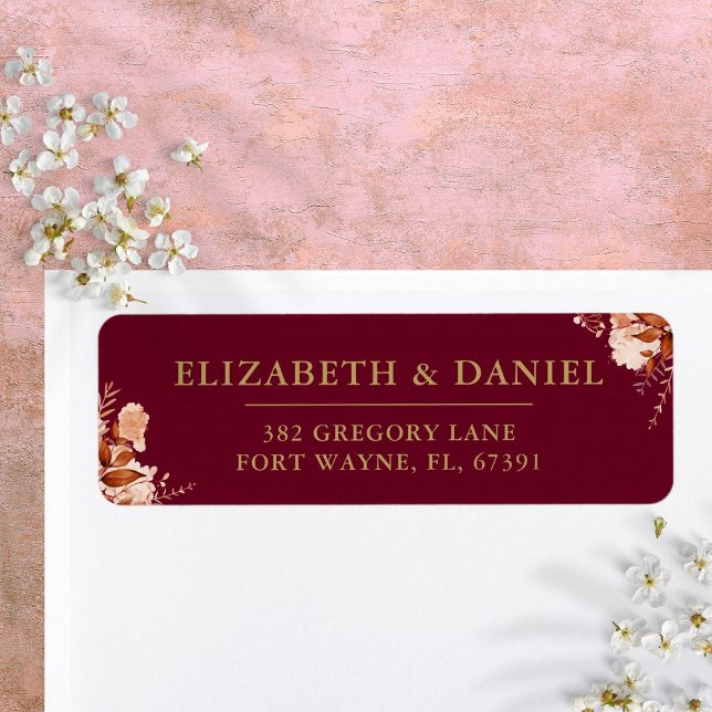 Adresse de retour de mariage florale rustique bord (Rustic Floral Burgundy Gold Wedding Return Address Label)