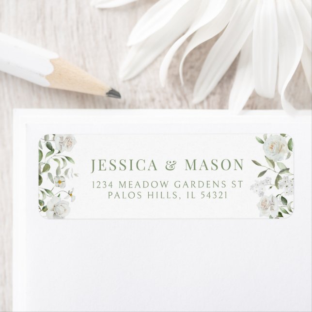 Adresse de Retour de Mariage Florale Verte Blanche (En situation)