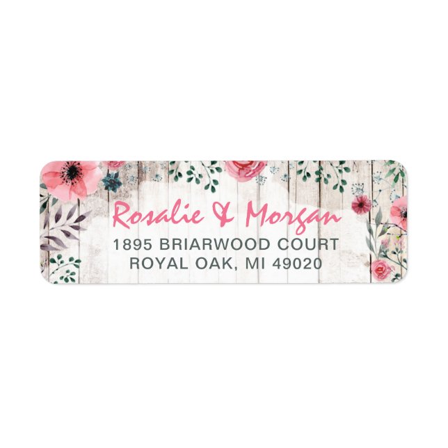 Adresse de retour de pays rose floral en bois (Devant)