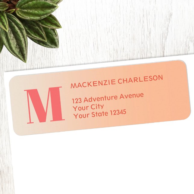 Adresse de retour du dégradé de la plage initiale  (Modern monogram peach gradient return address label)