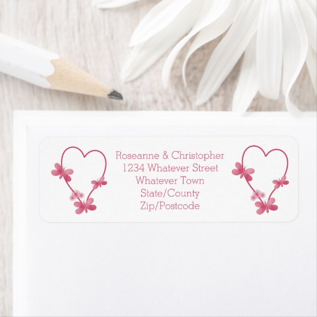 Adresse de retour du mariage Label Coeurs roses (En situation)